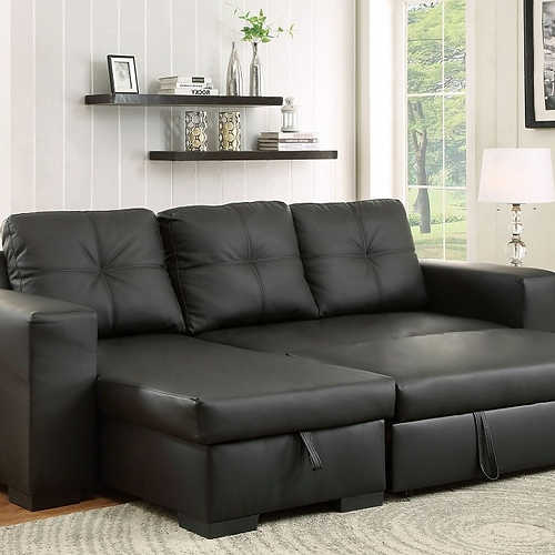Reversible Black PU Sectional Sofa Bed with Storage Chaise 9032