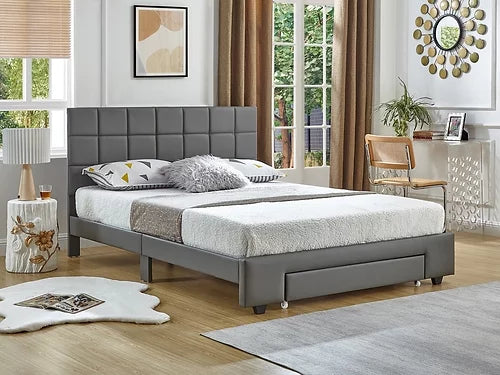 Grey Queen PU Bed with a Square Pattern Tufted Headboard IF-5491