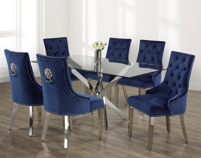Tempered Glass Dining Table With Blue Velvet Chairs T-1448/ C-1252