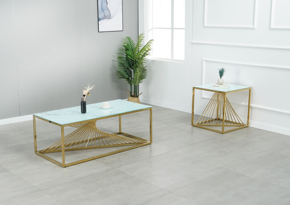 Contemporary Styling Marble Glass Top Side Table With Gold Legs STC-010-C