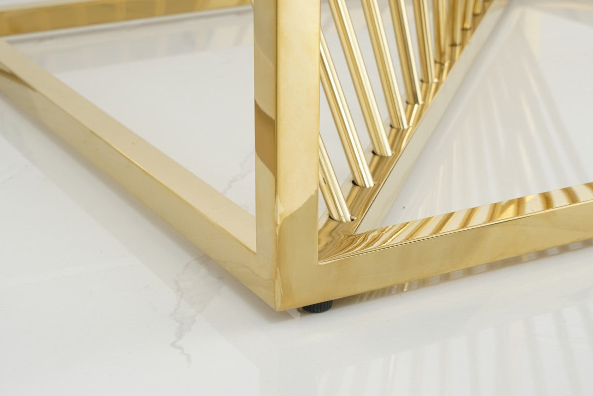 Contemporary Styling Marble Glass Top Side Table With Gold Legs STC-010-C