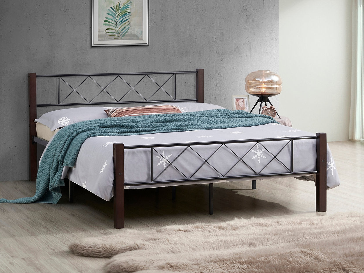 Black Steel Frame Bed with Espresso Wooden Post 125