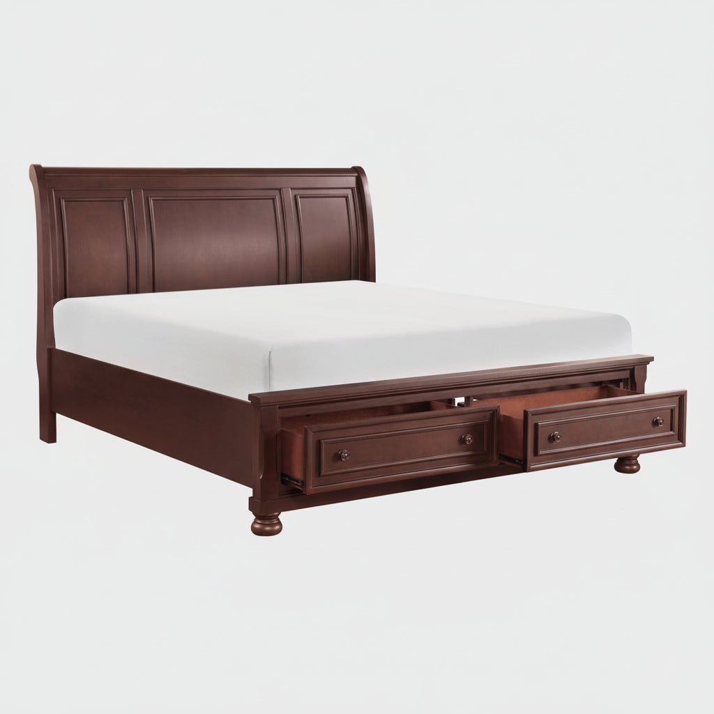 Walnut-finish sleigh bed with storage footboard, shown with a white mattress on top and no box spring.