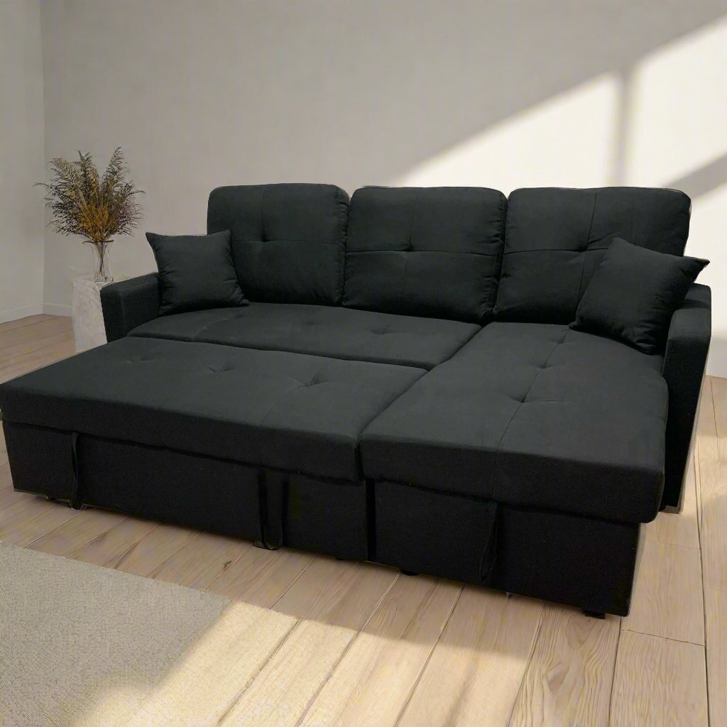 Reversible Black Fabric Pull Out Sectional Sofa Bed With Storage 1866