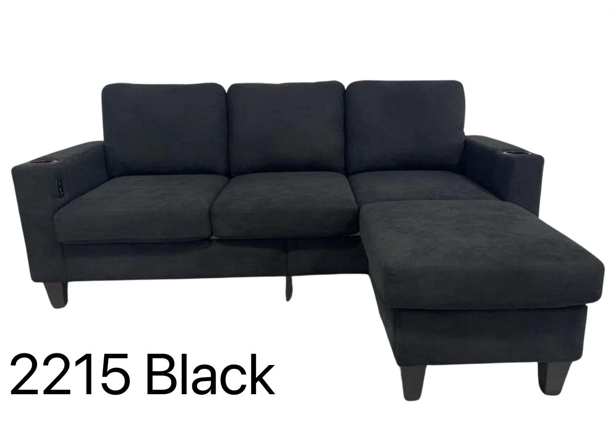Black Fabric Reversible Sectional Sofa With USB Port and Side Pocket 2215