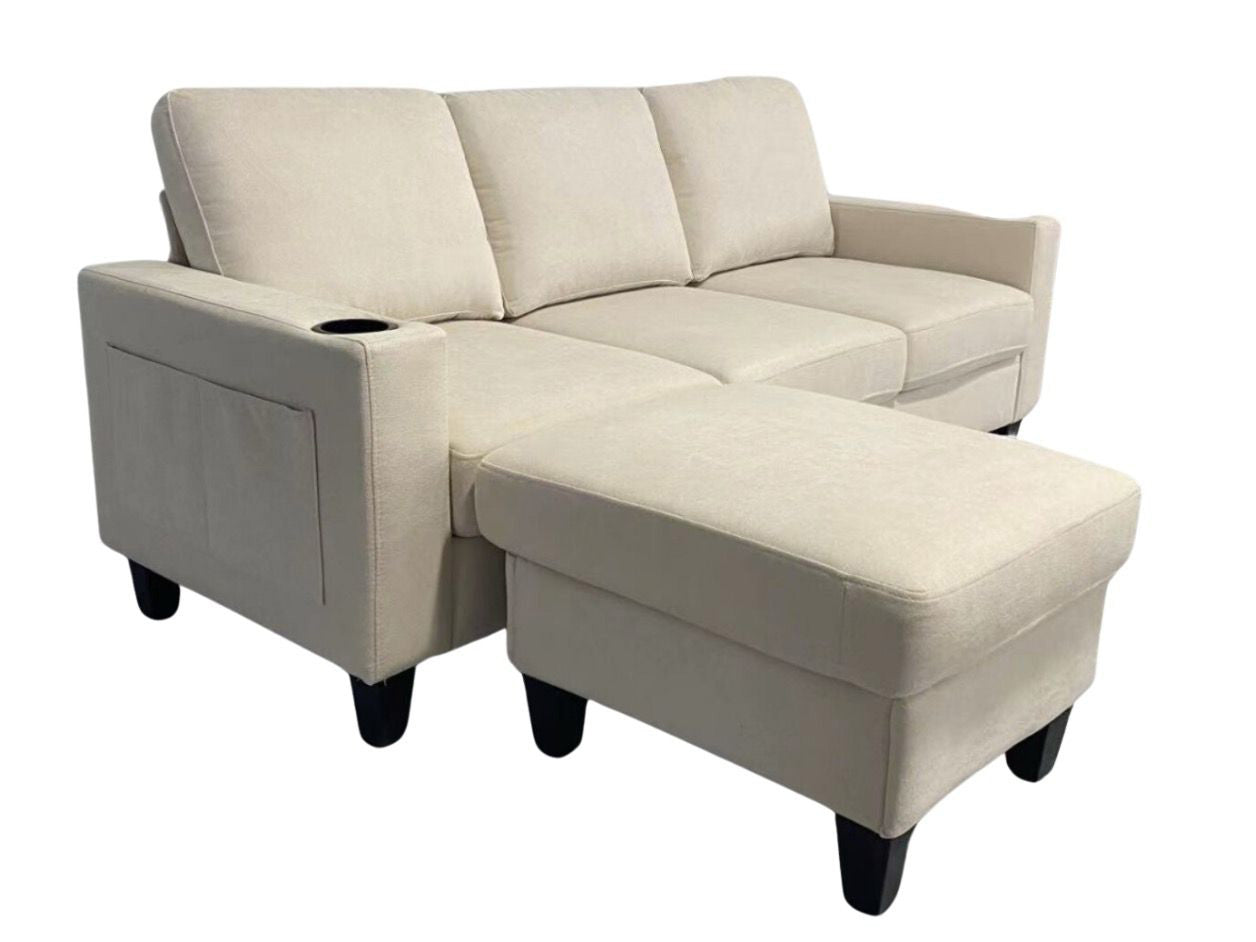 Cream Fabric Reversible Sectional Sofa With USB Port and Side Pocket 2215