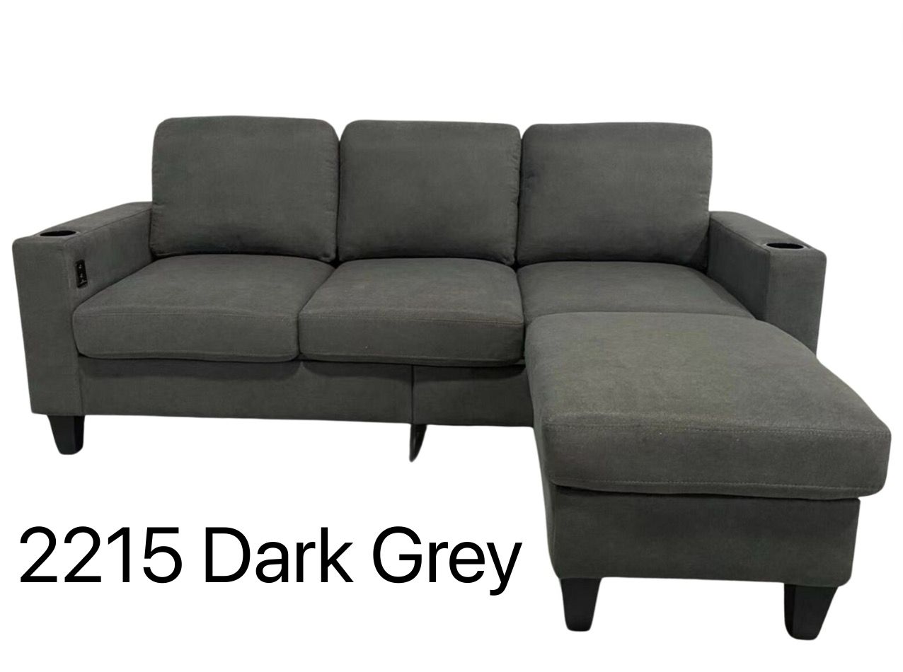 Dark Grey Fabric Reversible Sectional Sofa With USB Port and Side Pocket 2215