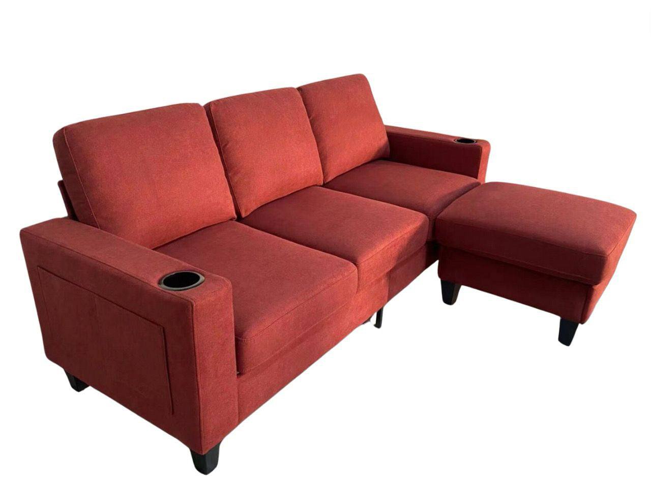 Red Fabric Reversible Sectional Sofa With USB Port and Side Pocket 2215
