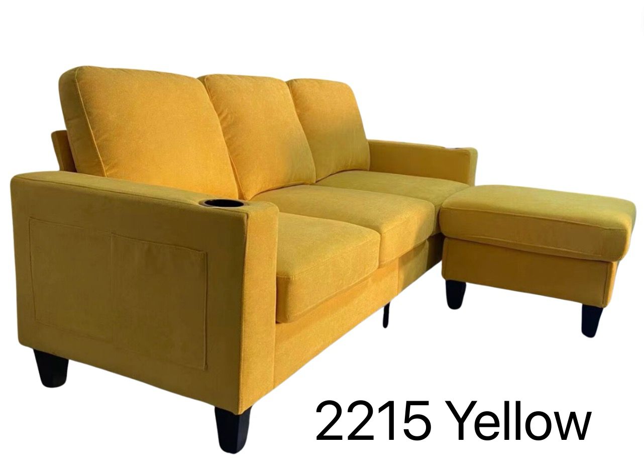 Yellow Fabric Reversible Sectional Sofa With USB Port and Side Pocket 2215
