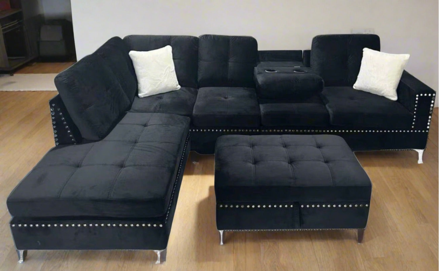 Black Velvet Reversible Sectional Sofa with Ottoman 2402