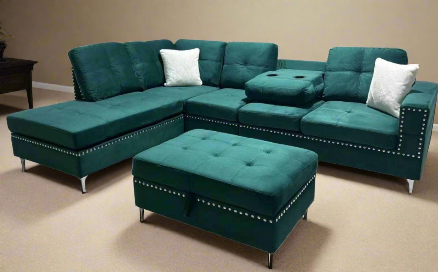 Green Velvet Reversible Sectional Sofa with Ottoman 2402