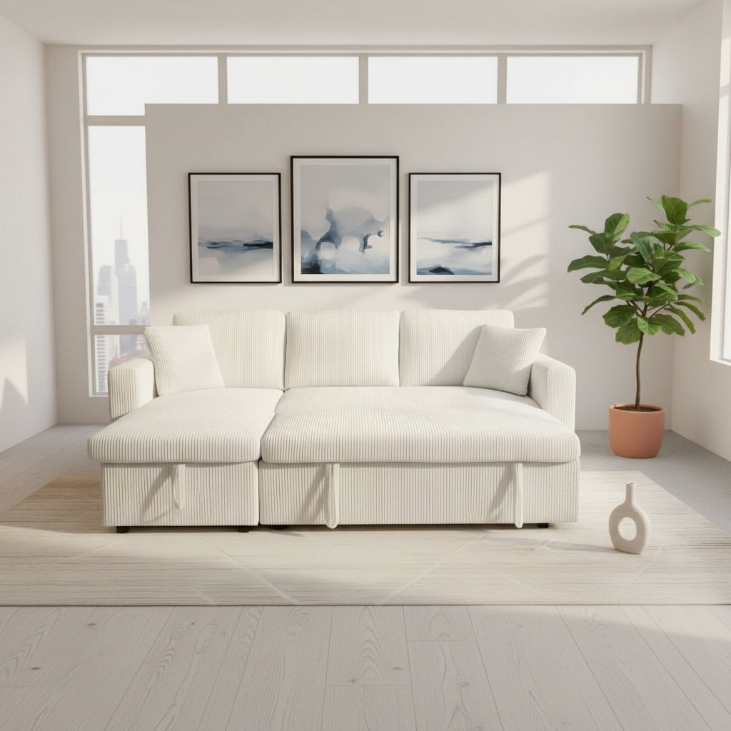 White corduroy sofa in a room with a plant and framed pictures on the wall.