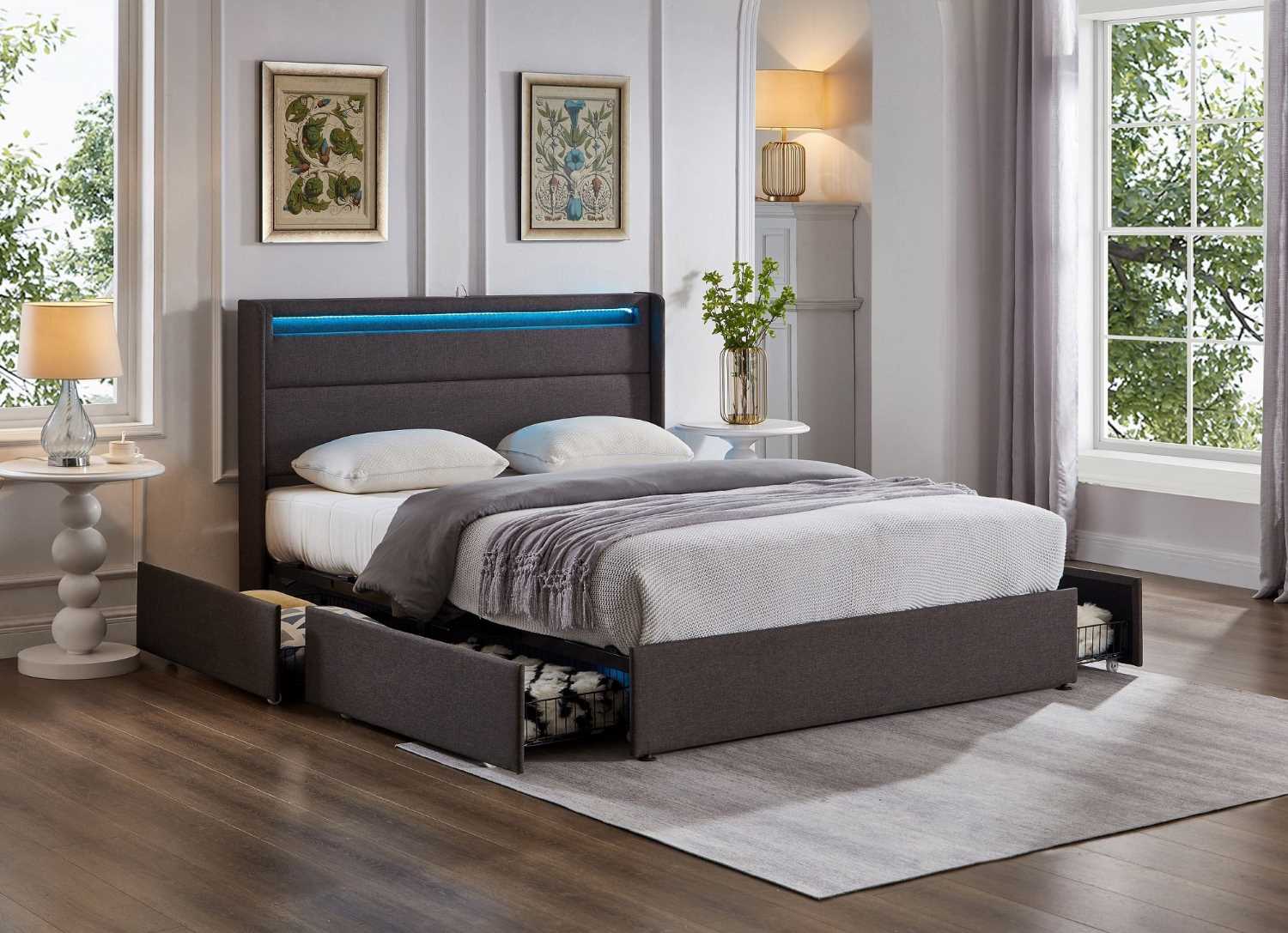 Grey Fabric Storage Led Bed with Charging Station 5343