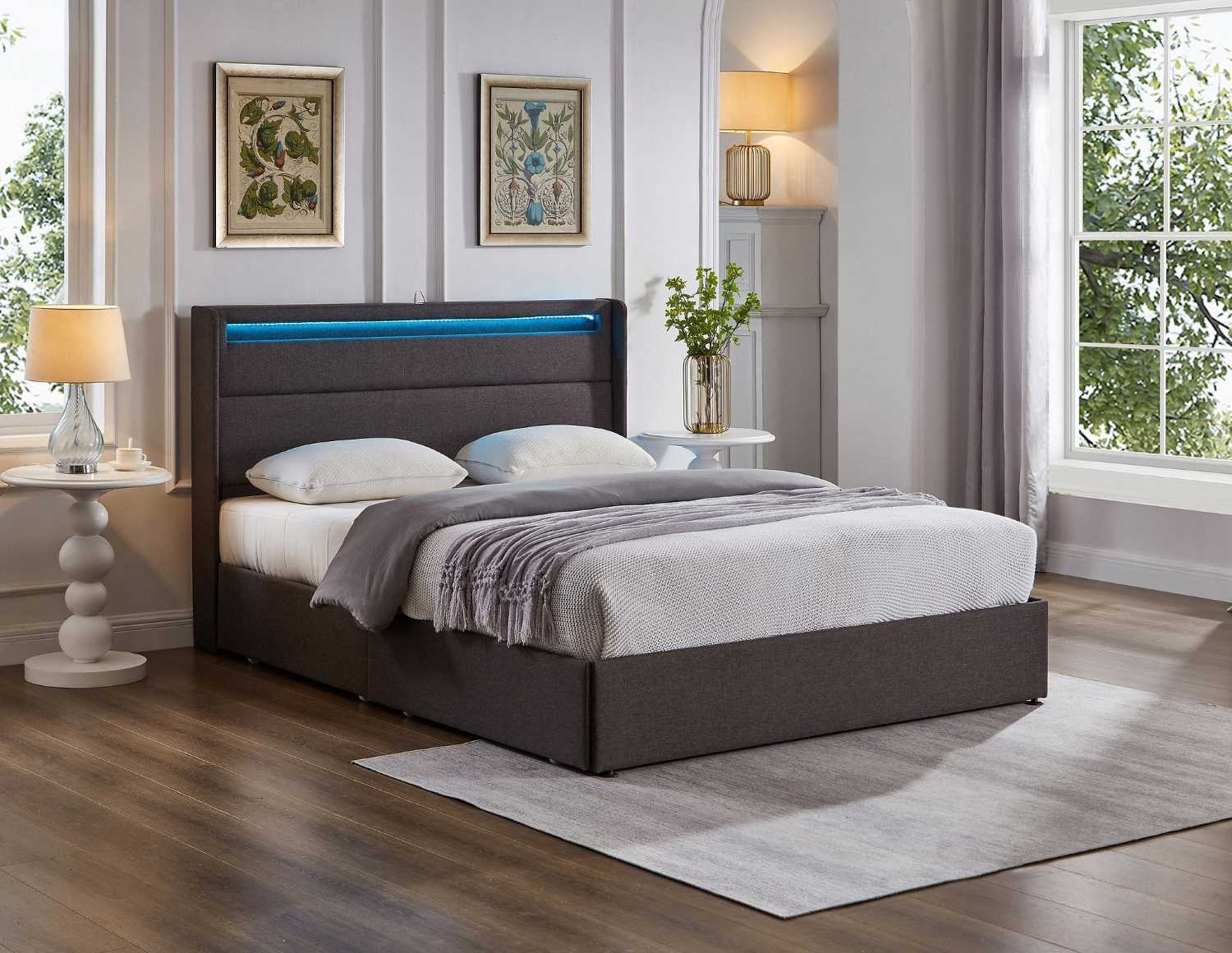 Grey Fabric Storage Led Bed with Charging Station 5343