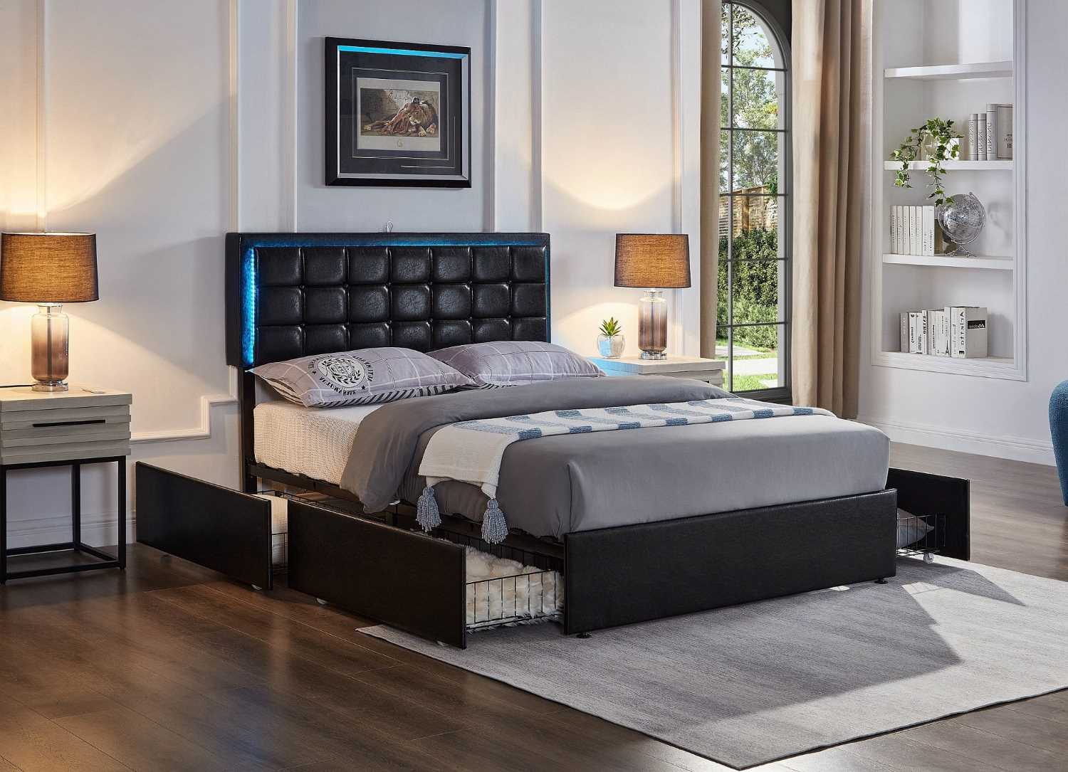 Black PU Storage Led Bed with Charging Station 5400