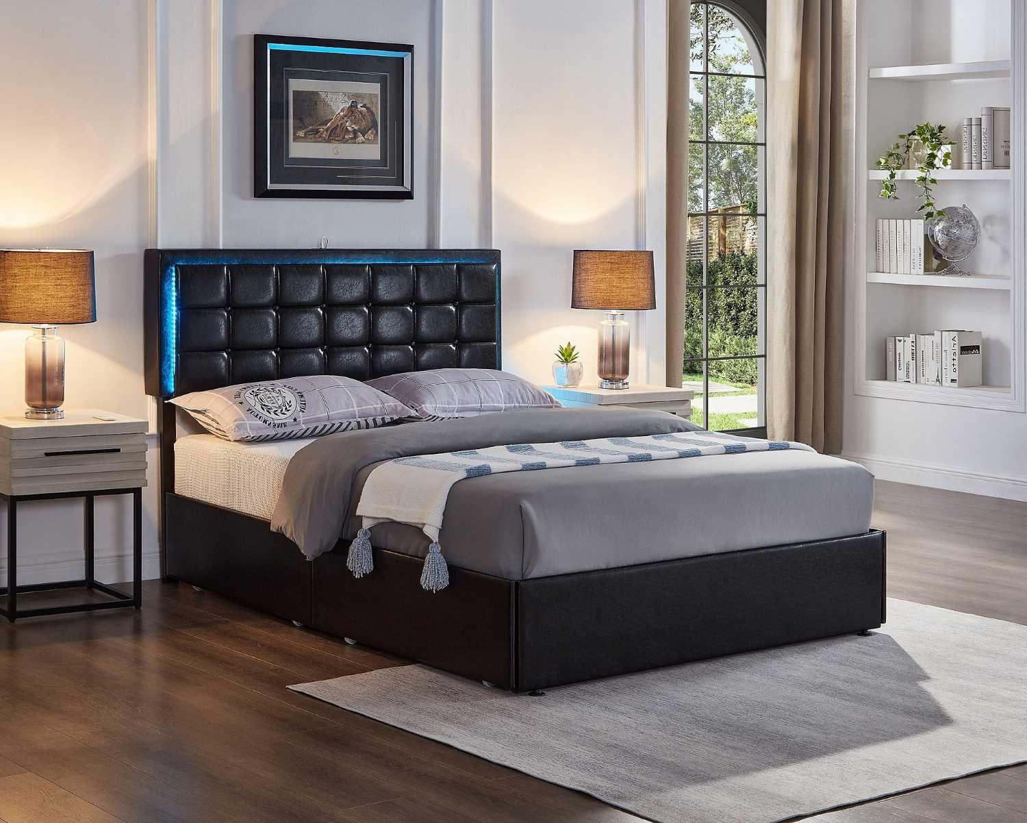 Black PU Storage Led Bed with Charging Station 5400