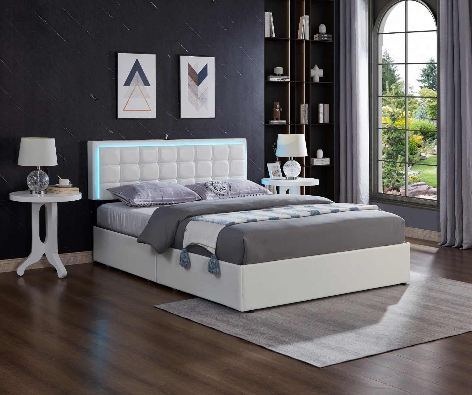 White PU Storage Led Bed with Charging Station 5402