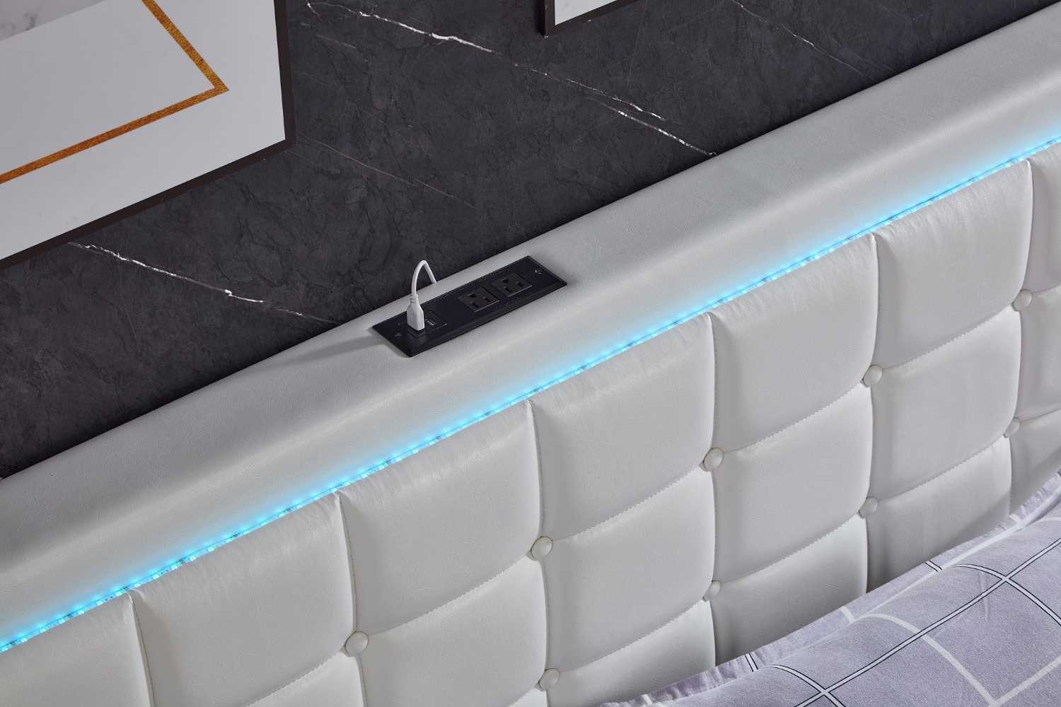 White PU Storage Led Bed with Charging Station 5402