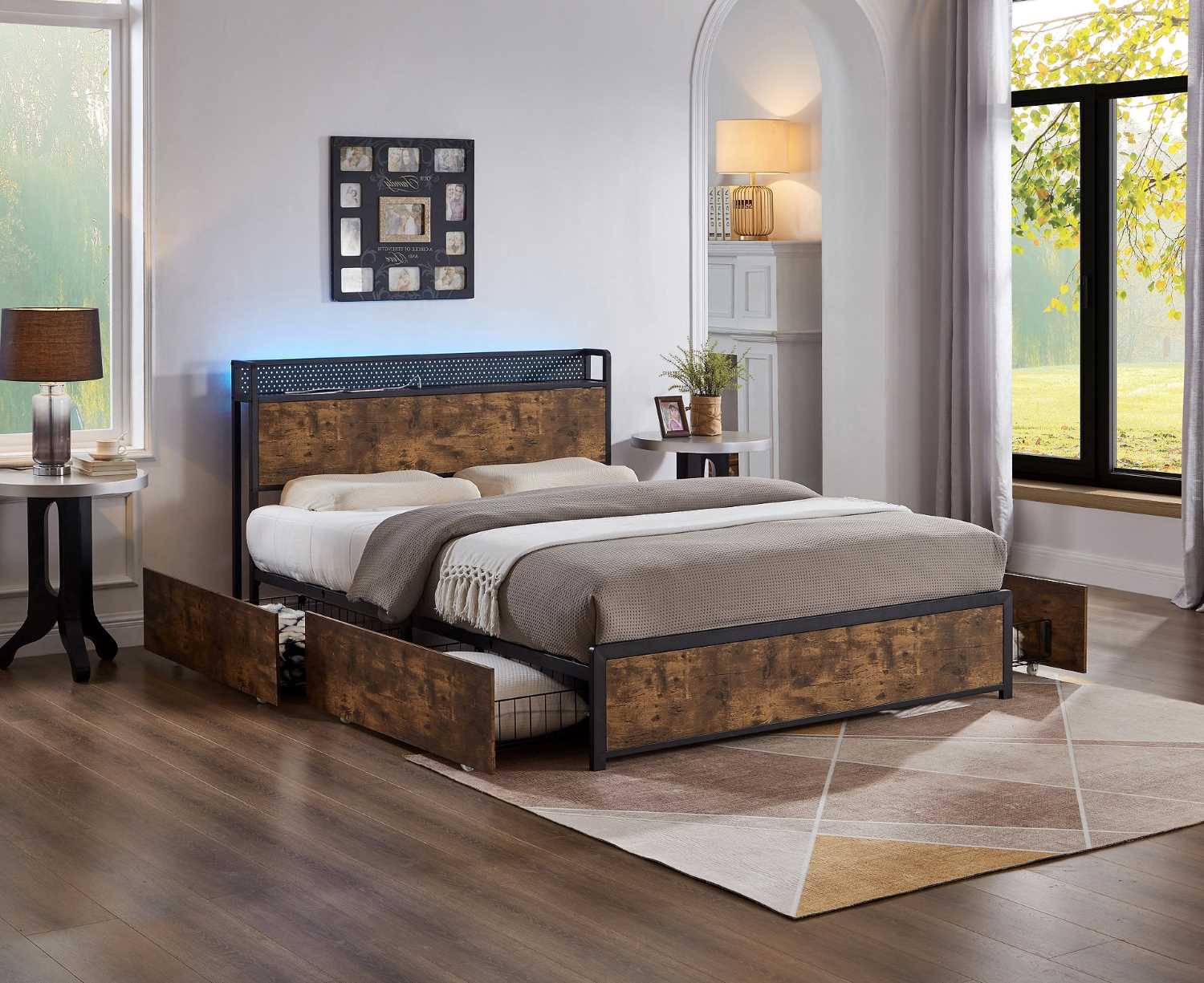 Wooden Storage Led Bed with Charging Station 5930