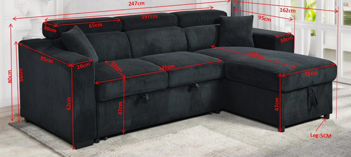 Corduroy Fabric Black Reversible Sofa Bed With Adjustable Headrest 6362