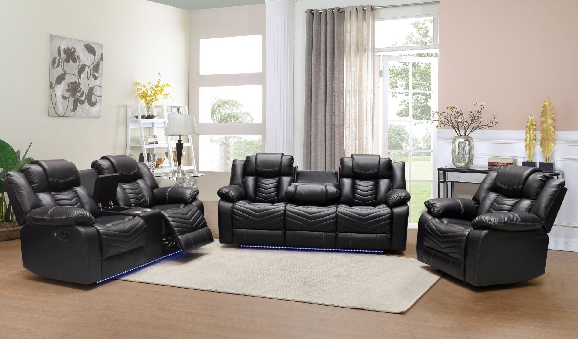 Roger 3PC Recliner sofa Collection Black Air Leather With Bluetooth Speaker