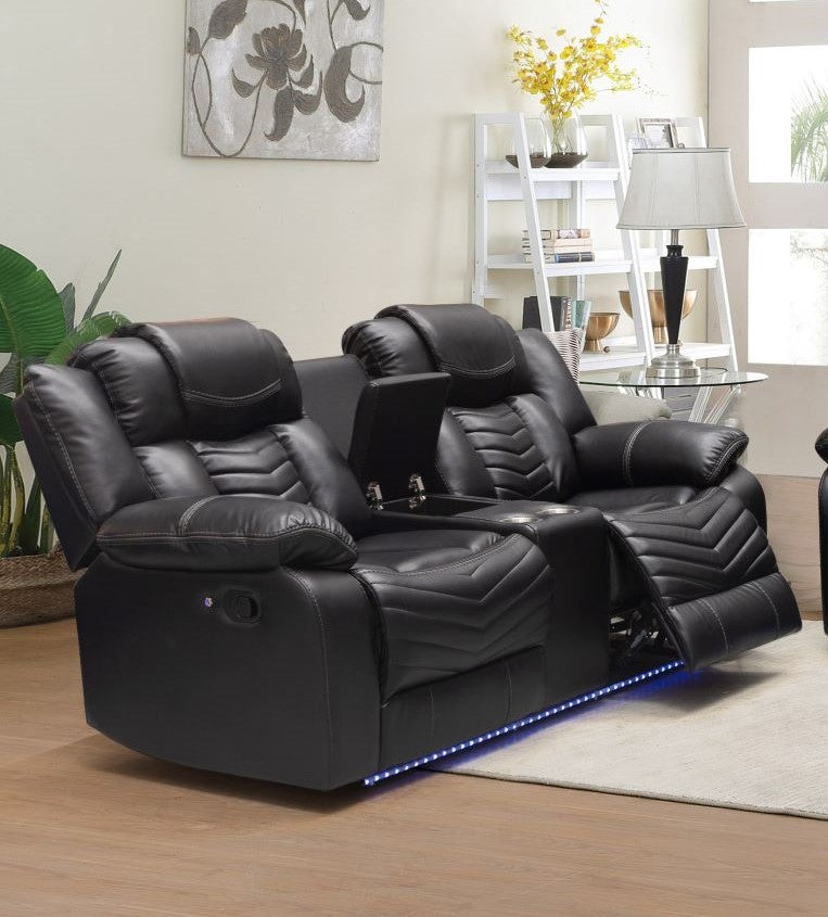 Roger 3PC Recliner sofa Collection Black Air Leather With Bluetooth Speaker