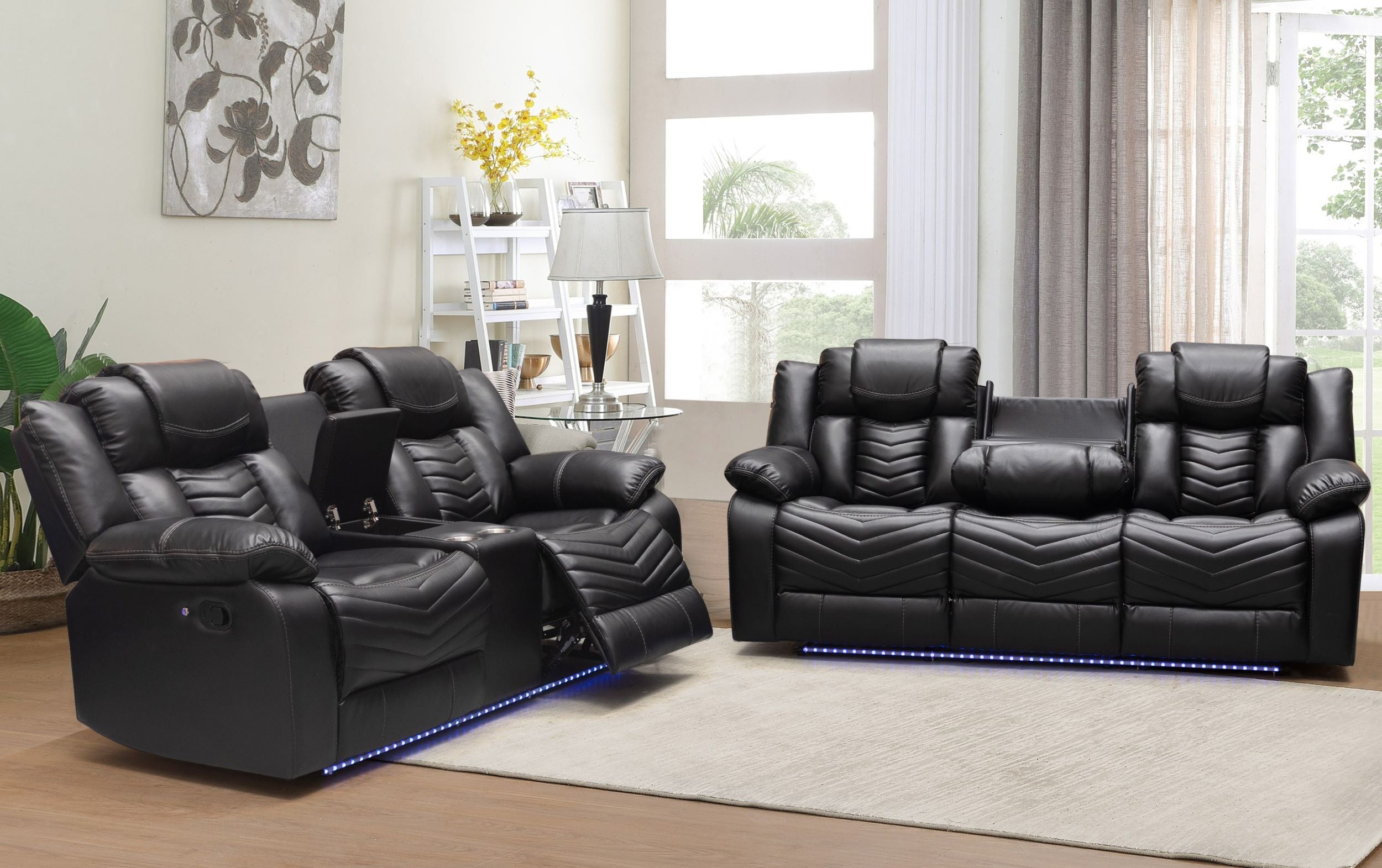 Roger 3PC Recliner sofa Collection Black Air Leather With Bluetooth Speaker