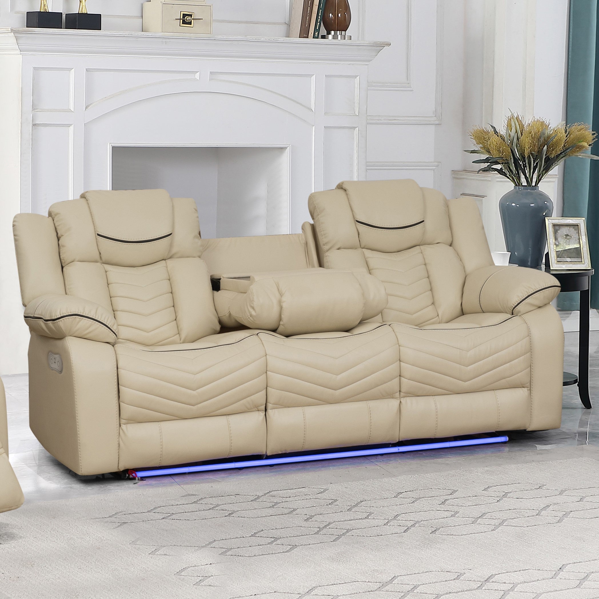 Roger 3PC Power Recliner Beige Air Leather Sofa Set With Bluetooth Speaker