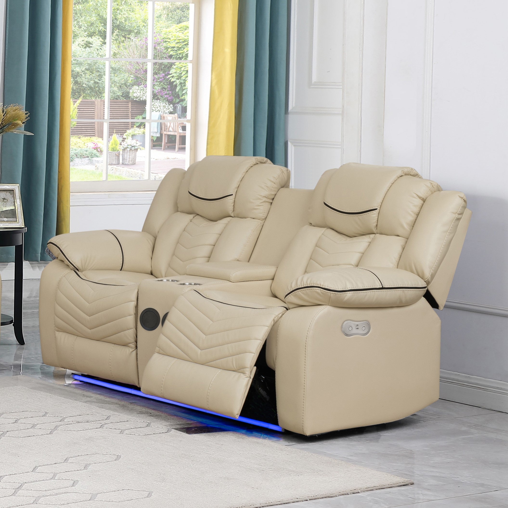 Roger 3PC Power Recliner Beige Air Leather Sofa Set With Bluetooth Speaker