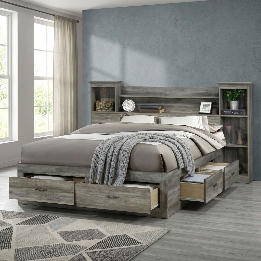 Canadian Made Wooden Bed Suede Grey 6730
