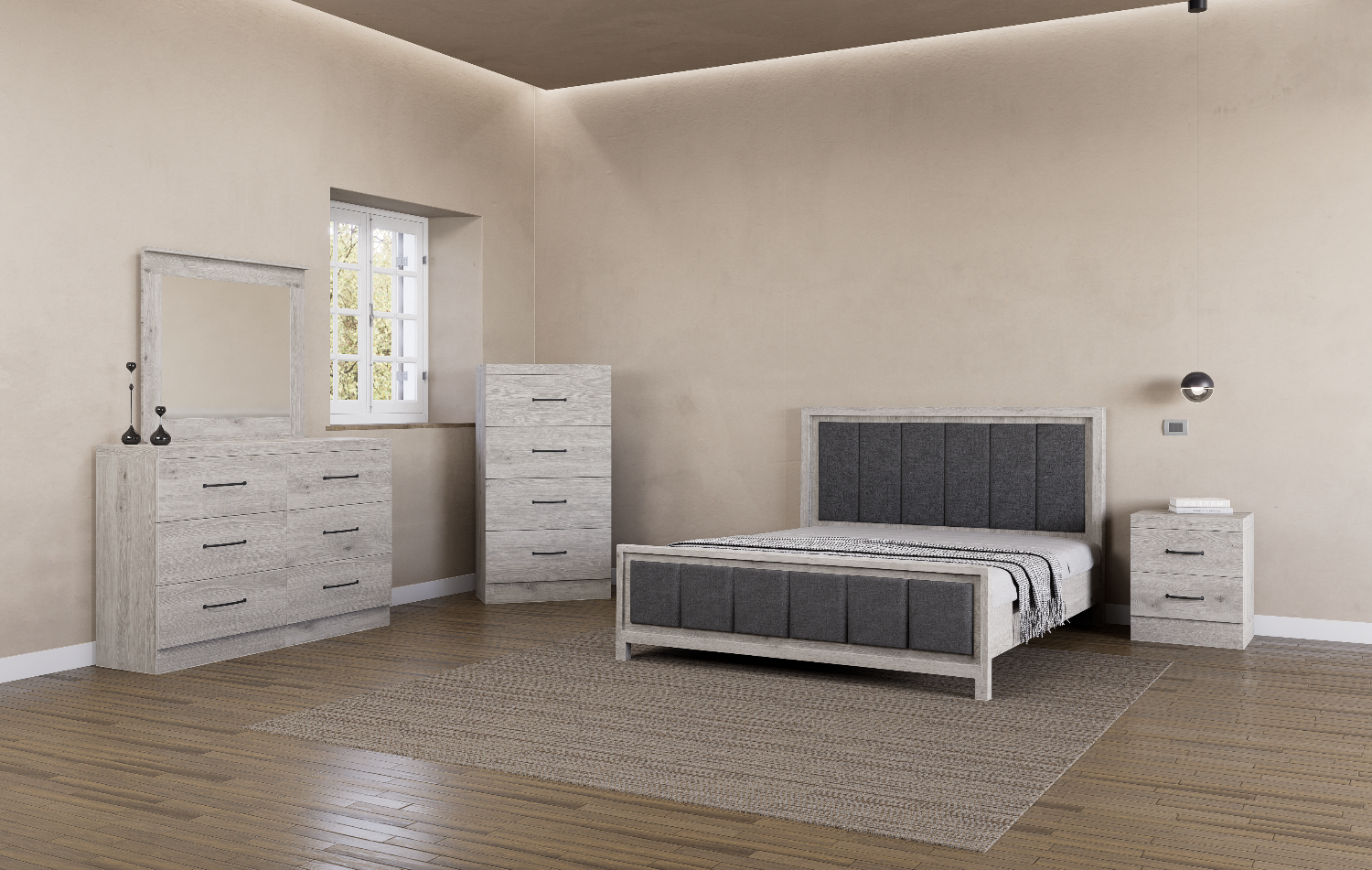 A made-up bed with an upholstered headboard, placed in a bedroom setting, showcasing a color choice between Eclipse Bluff & Grey.