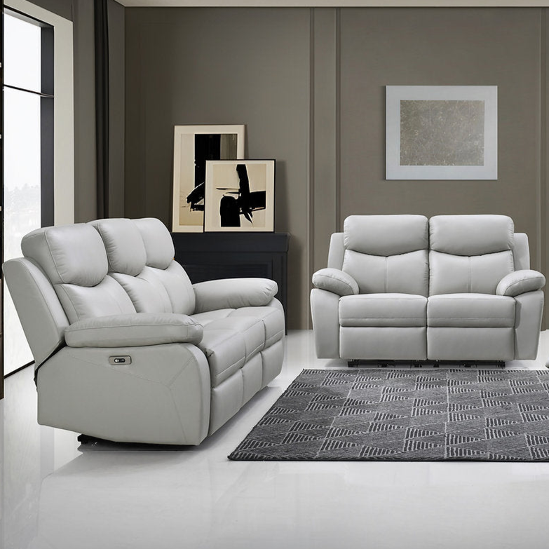 Light Grey Genuine Leather Power REcliner Sofa Set