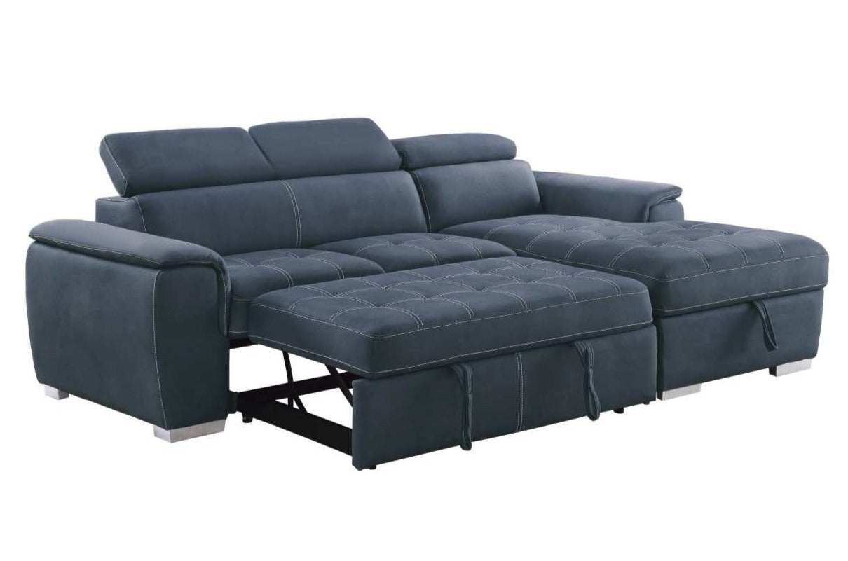 Ferriday Blue Fabric Sectional Sofa Bed with Right Storage Chaise 8228