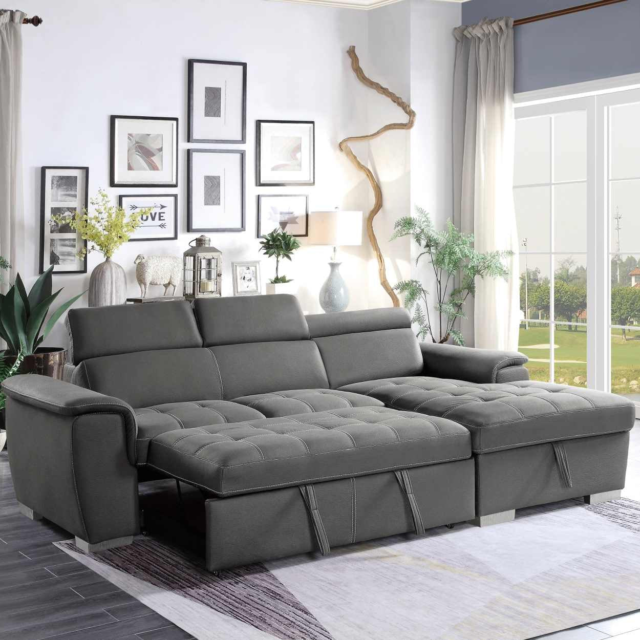 Ferriday Grey Fabric Sectional Sofa Bed with Right Storage Chaise 8228