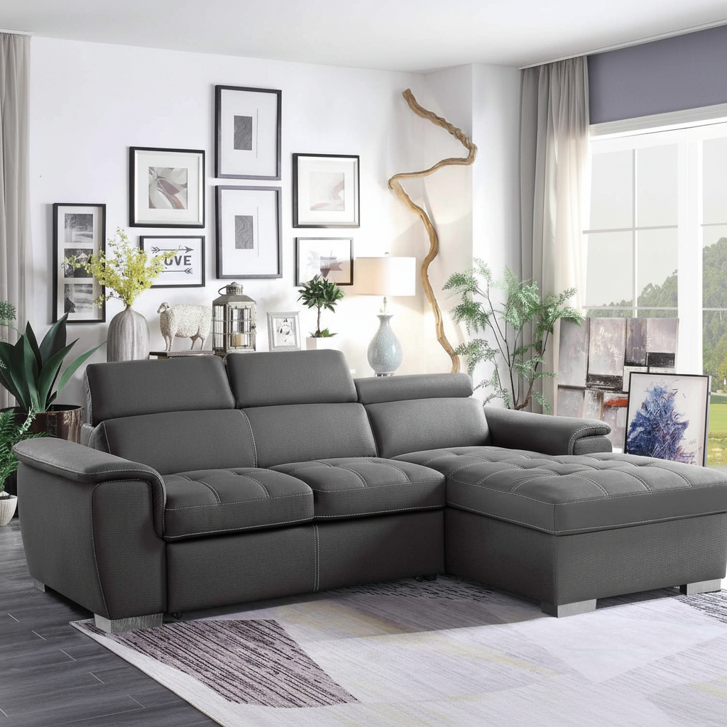 Ferriday Grey Fabric Sectional Sofa Bed with Right Storage Chaise 8228