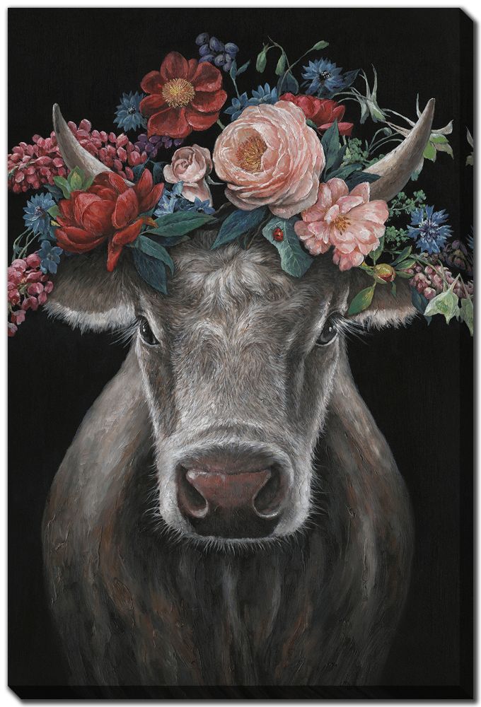 Floral Cow Canvas Art 24" x 36"