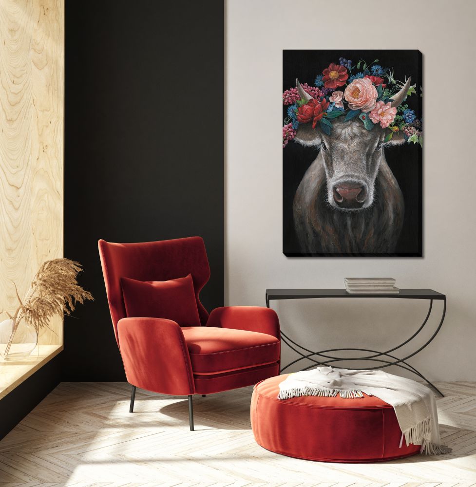 Floral Cow Canvas Art 24" x 36"