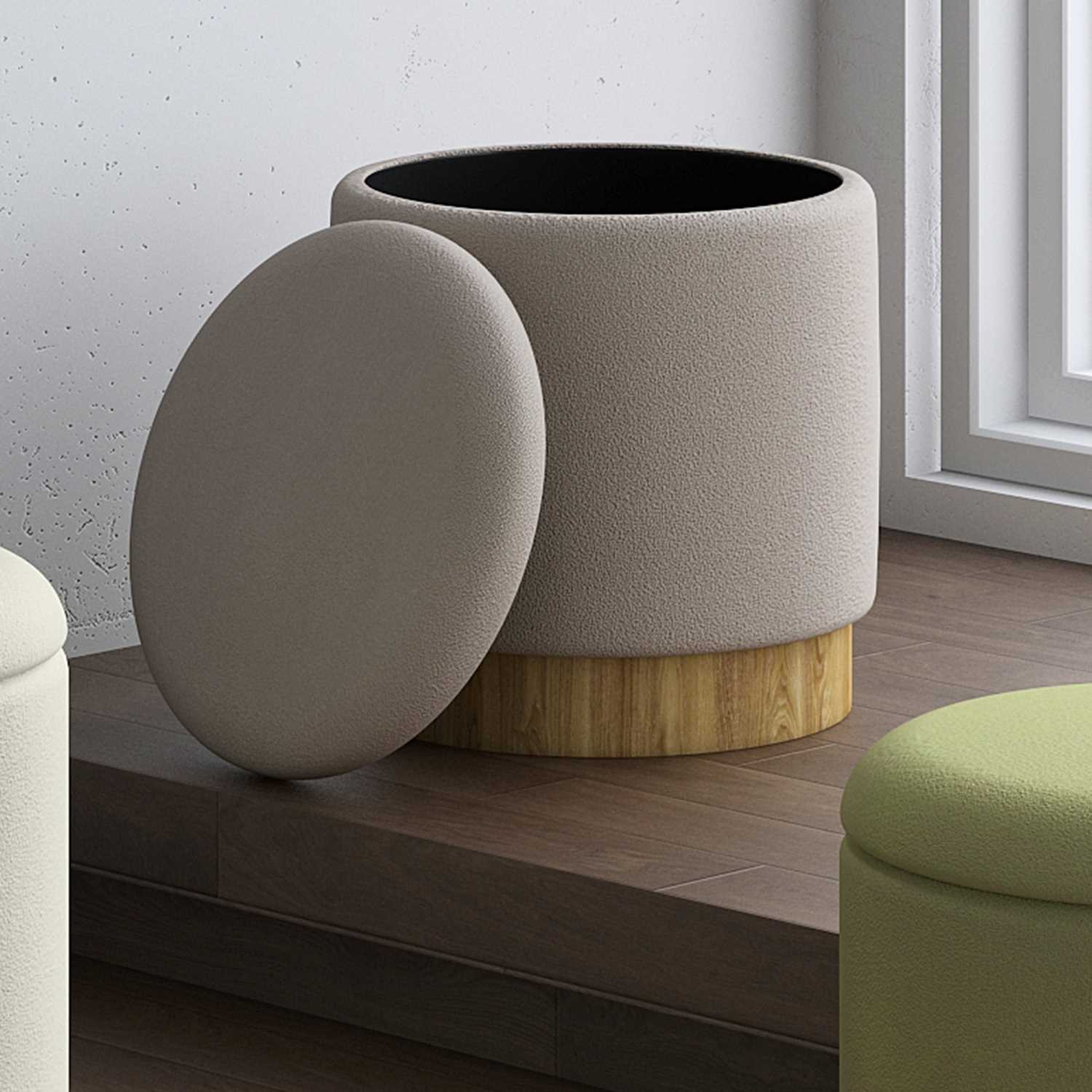 Alya Round Storage Ottoman in Warm Grey and Natural 402-131