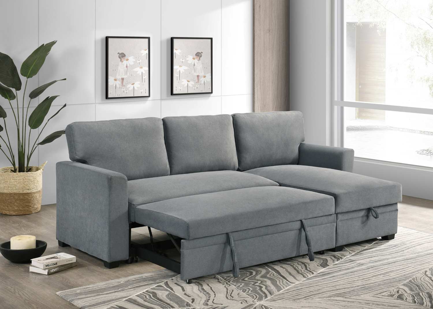 Ariadne Grey Fabric Reversible Sectional Sofa Bed 99073