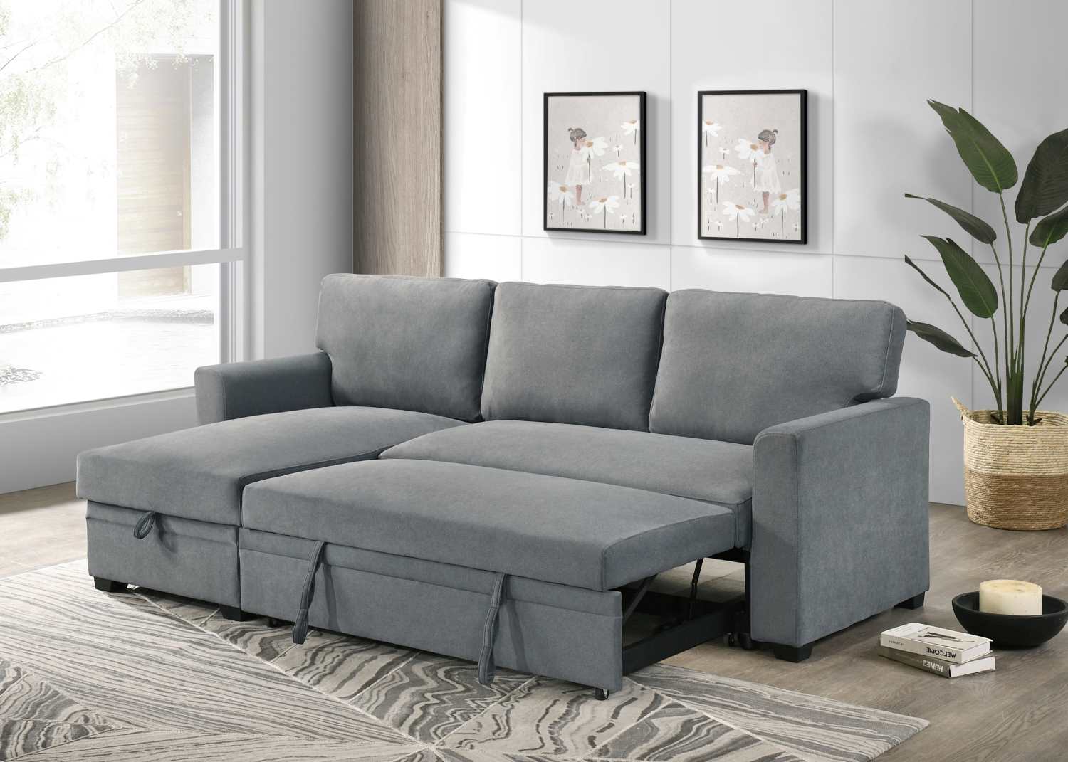 Ariadne Grey Fabric Reversible Sectional Sofa Bed 99073