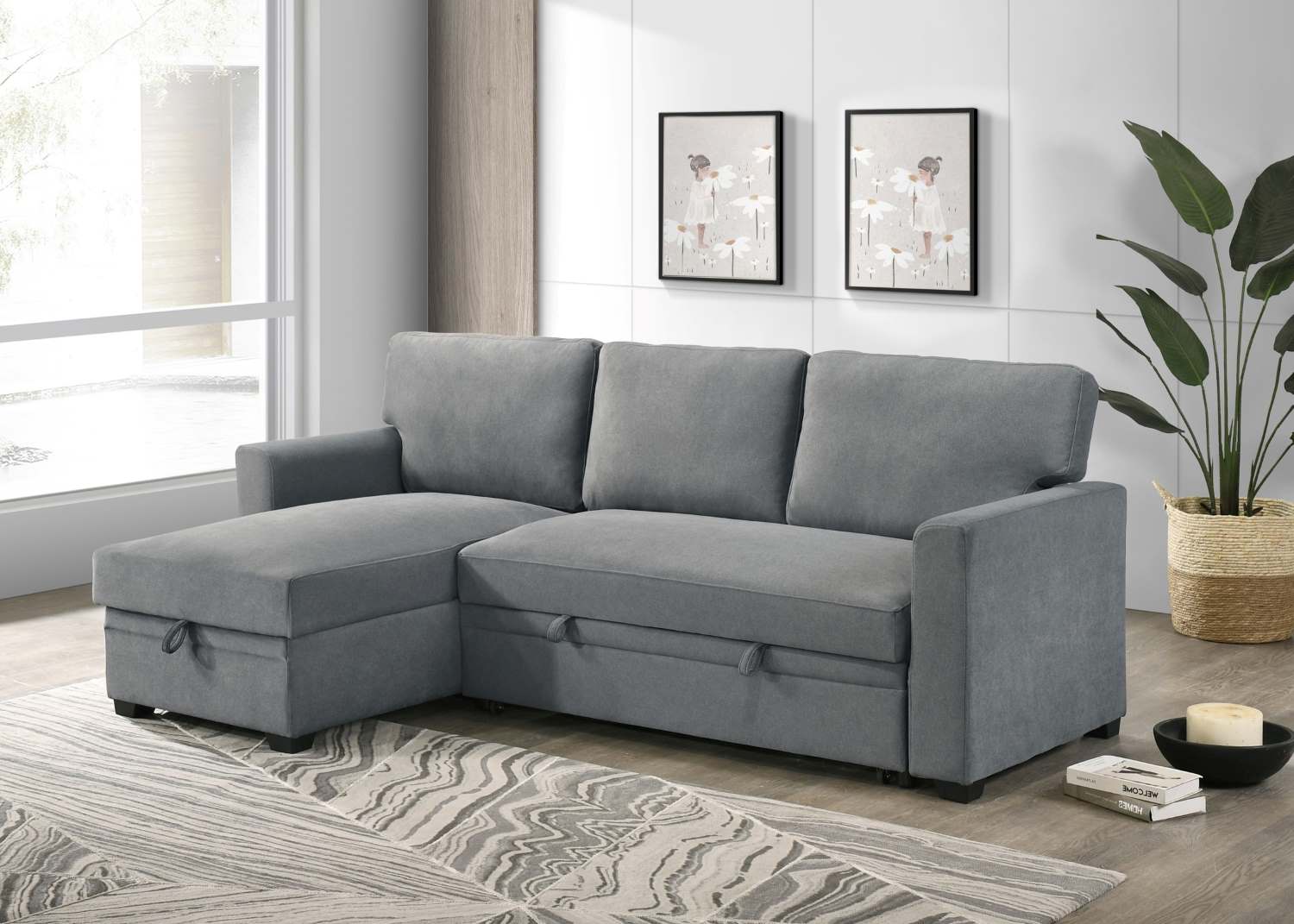 Ariadne Grey Fabric Reversible Sectional Sofa Bed 99073