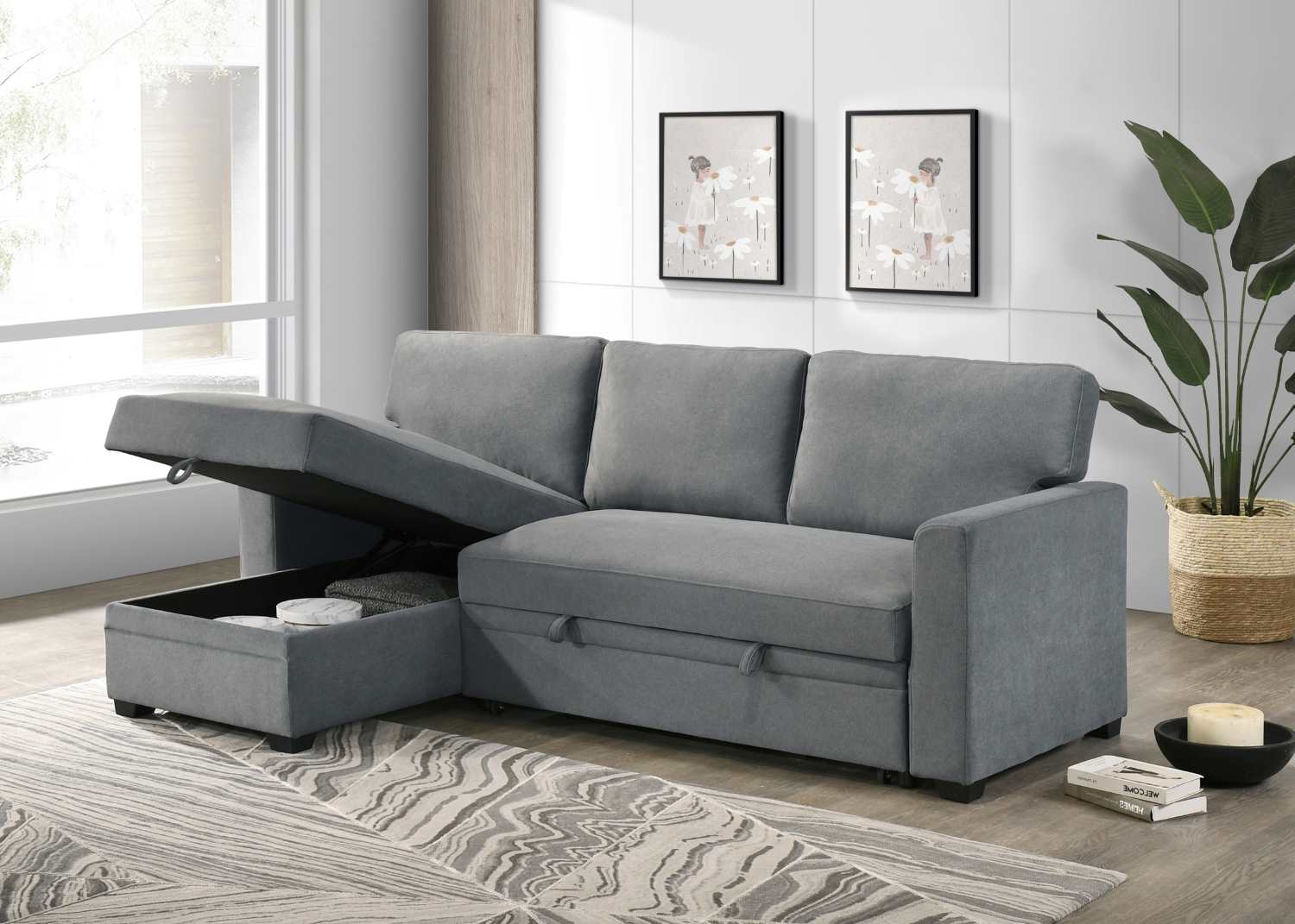 Ariadne Grey Fabric Reversible Sectional Sofa Bed 99073