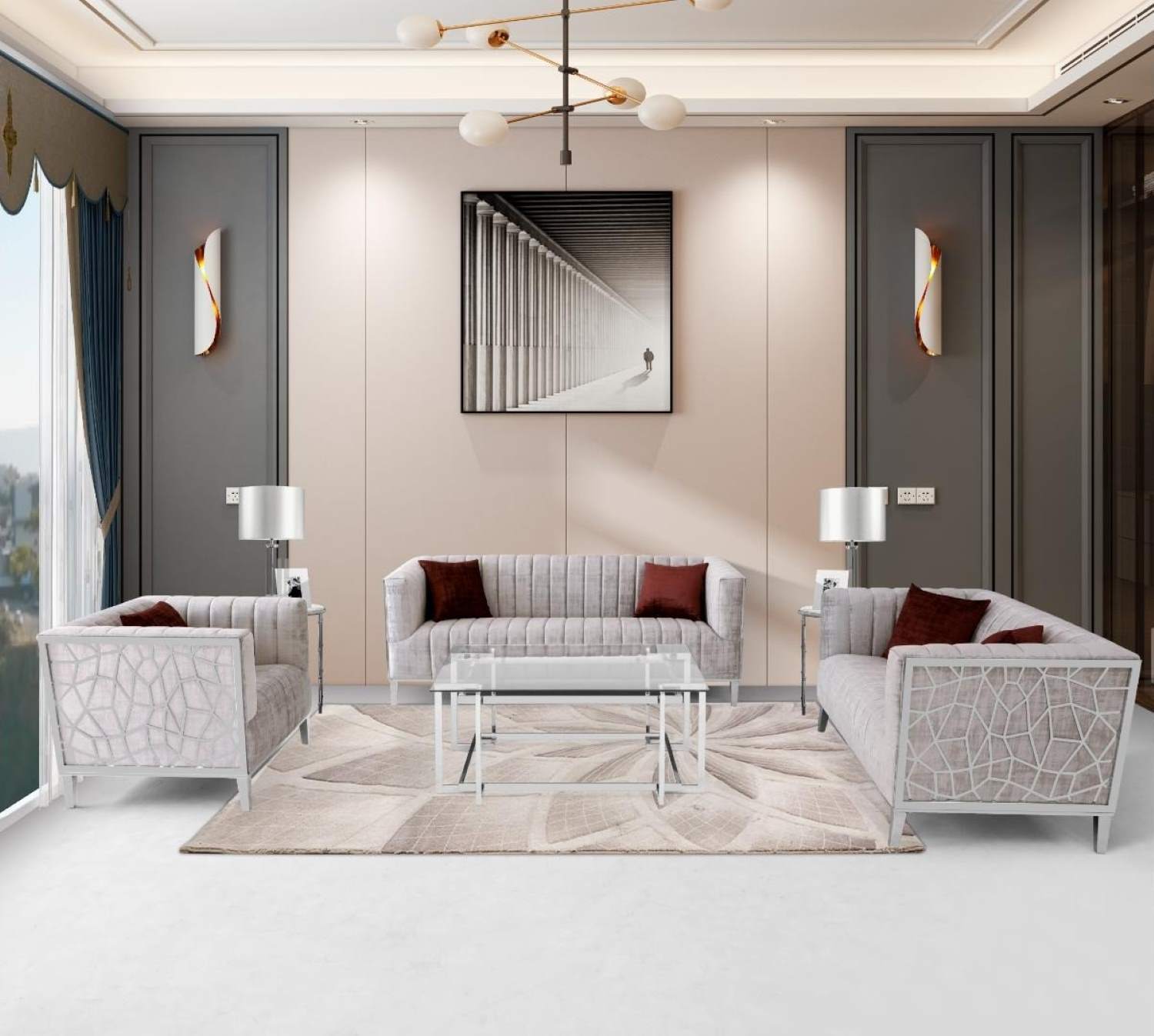 Ariel Silver Sofa Set with Chrome Mesh Design 3725