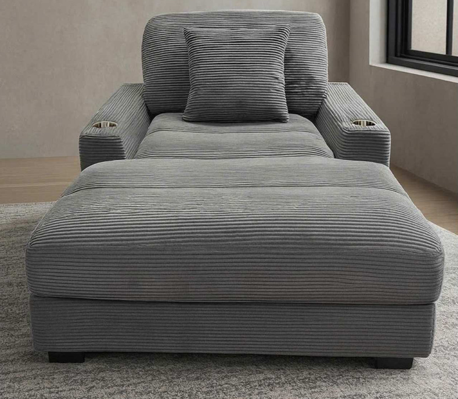 Arizona Charcoal Fabric Chaise with Built-in Cup Holders & USB Charging Ports 789110