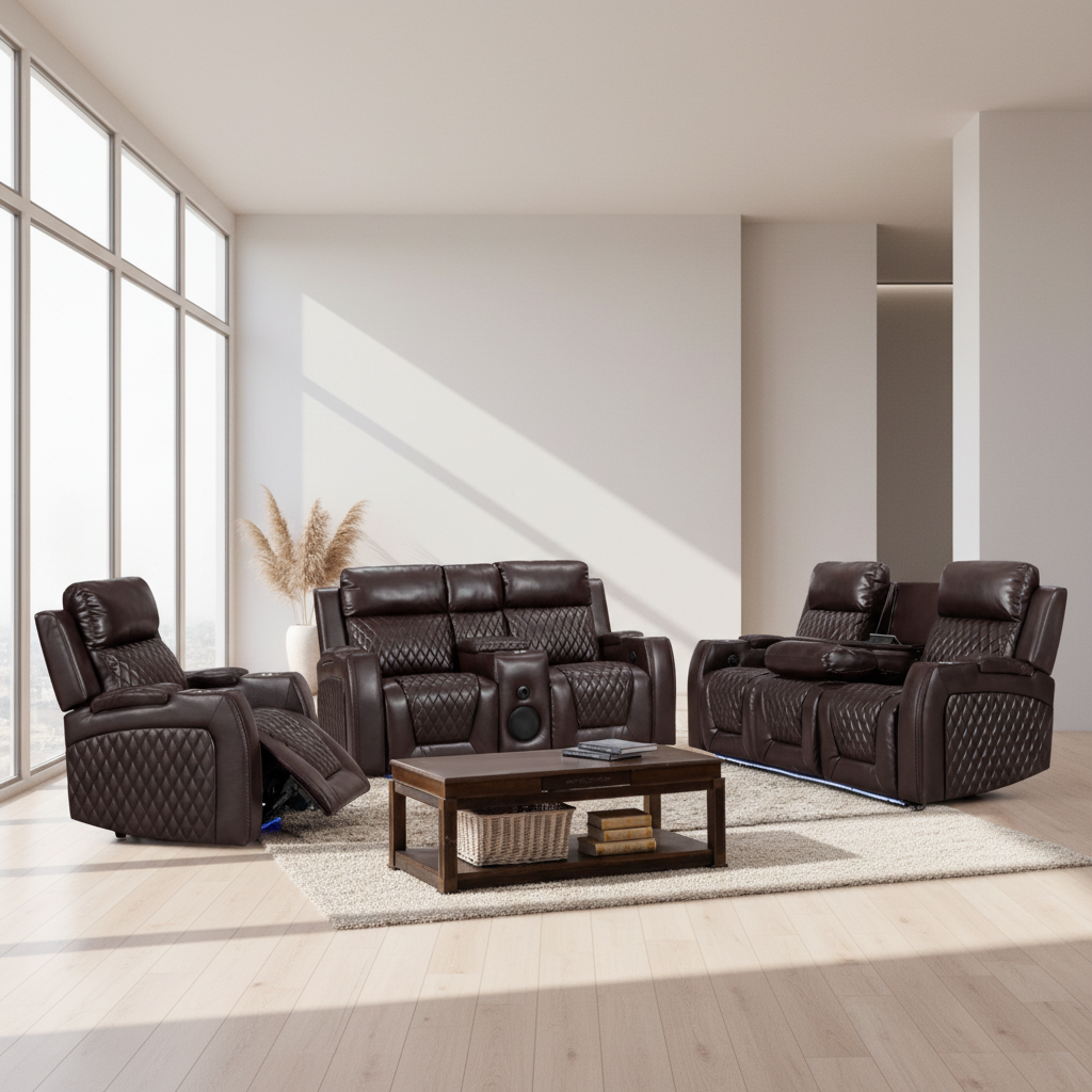 Arlington Brown Power Recliner Sofa Set with Built in Speaker 8369