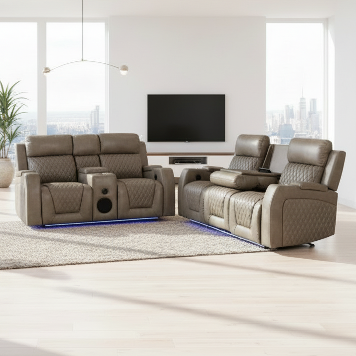 Modern living room with a brown leather recliner sofa set and a TV.