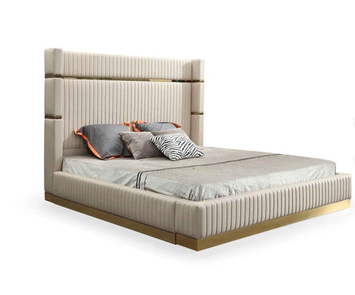 Aspen Beige Velvet Upholstered Bed With Gold Strips