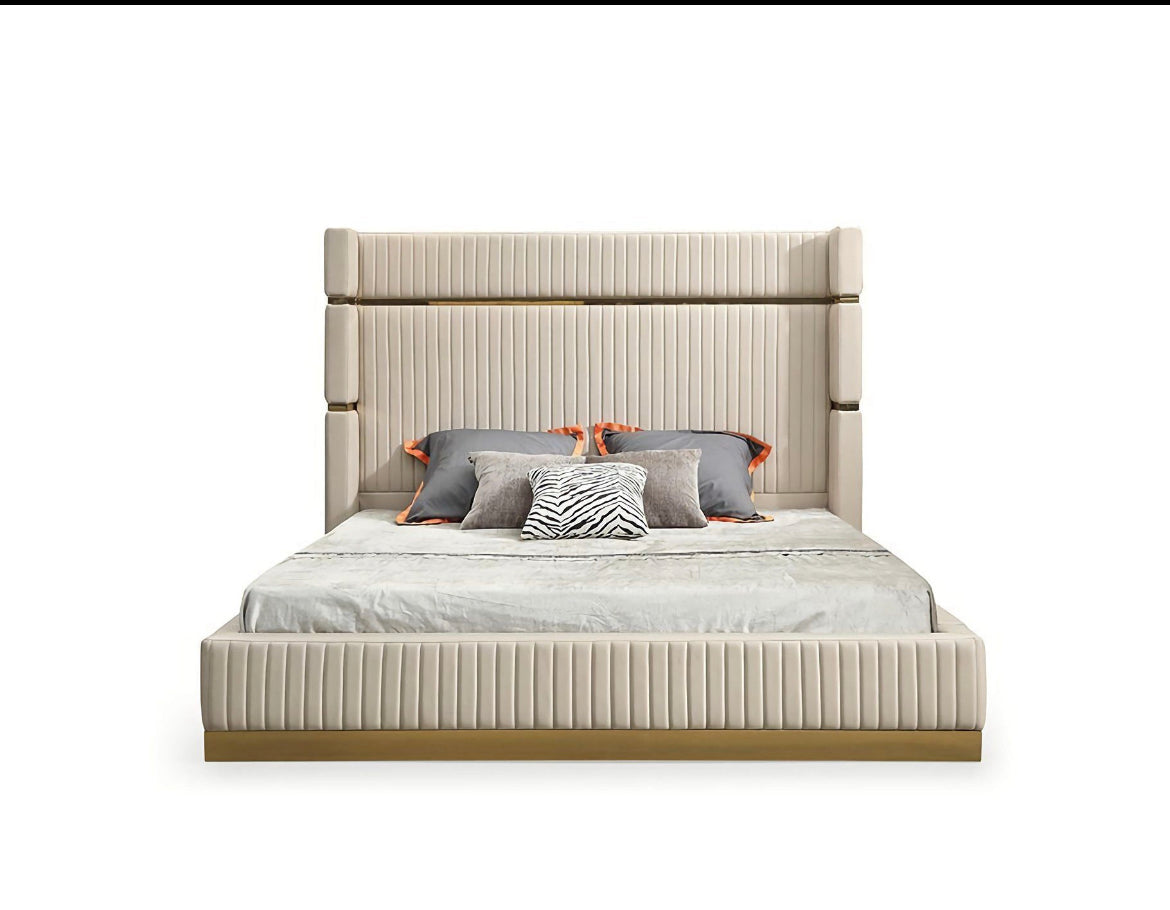 Aspen Beige Velvet Upholstered Bed With Gold Strips