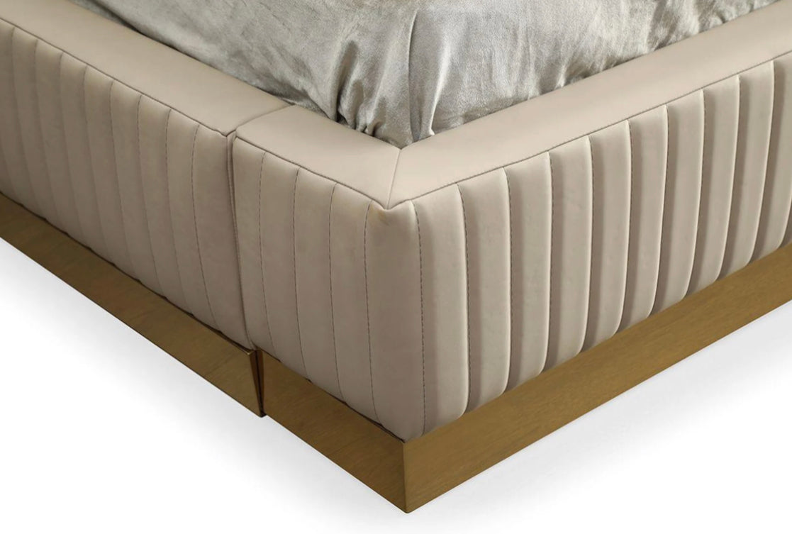 Aspen Beige Velvet Upholstered Bed With Gold Strips