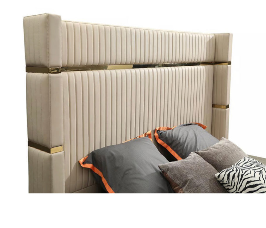 Aspen Beige Velvet Upholstered Bed With Gold Strips